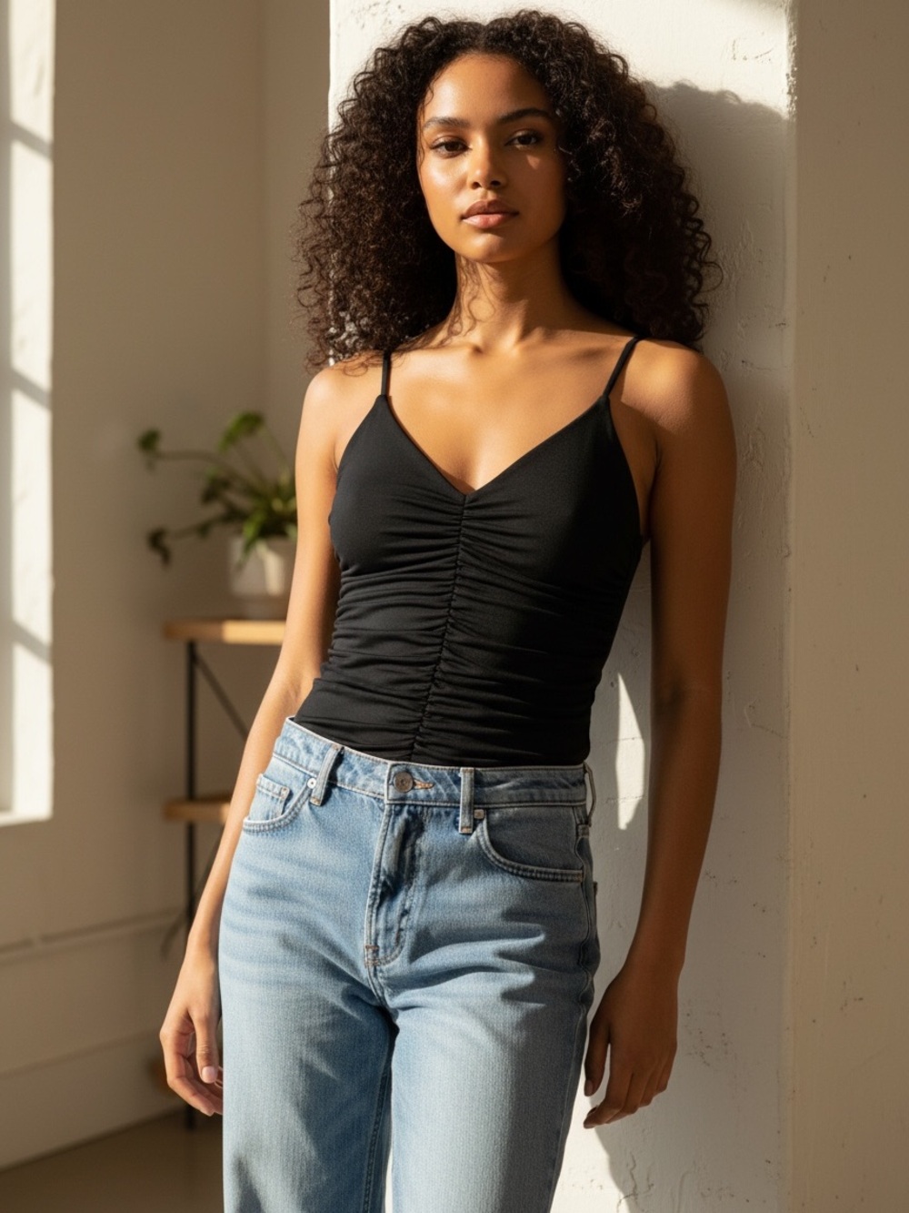 Express Black Ruched V-Neck Bodysuit Size M
